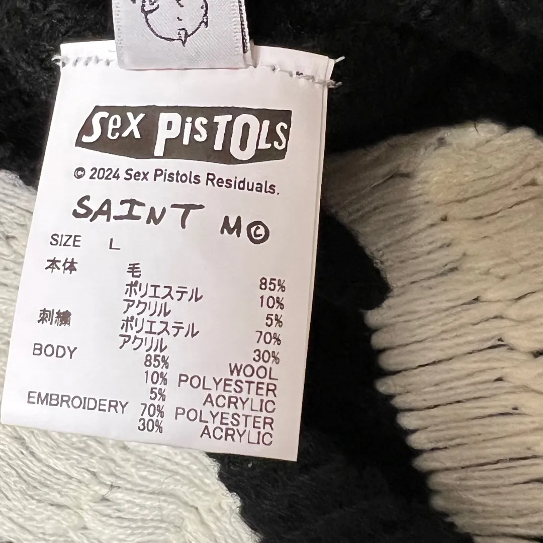 SAINT Mxxxxxx × Sex Pistols SP_CREW KNT/IAMA/BLK SEX PISTOLS band joint model destroyed hand-embroidered sweater, black S-XL, original 85% wool/15% polyester fiber blend, super complex front and rear panels, large-area hand-embroidery, hand-cut destruction treatment, custom-made correct joint main mark/wash mark
